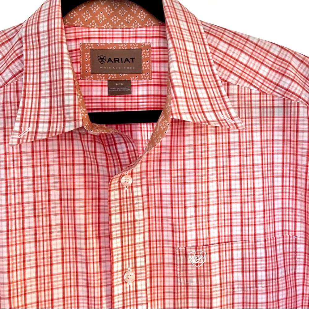 Ariat Men Large Short Sleeve Button Orange Plaid Classic Checkered Shirt Western